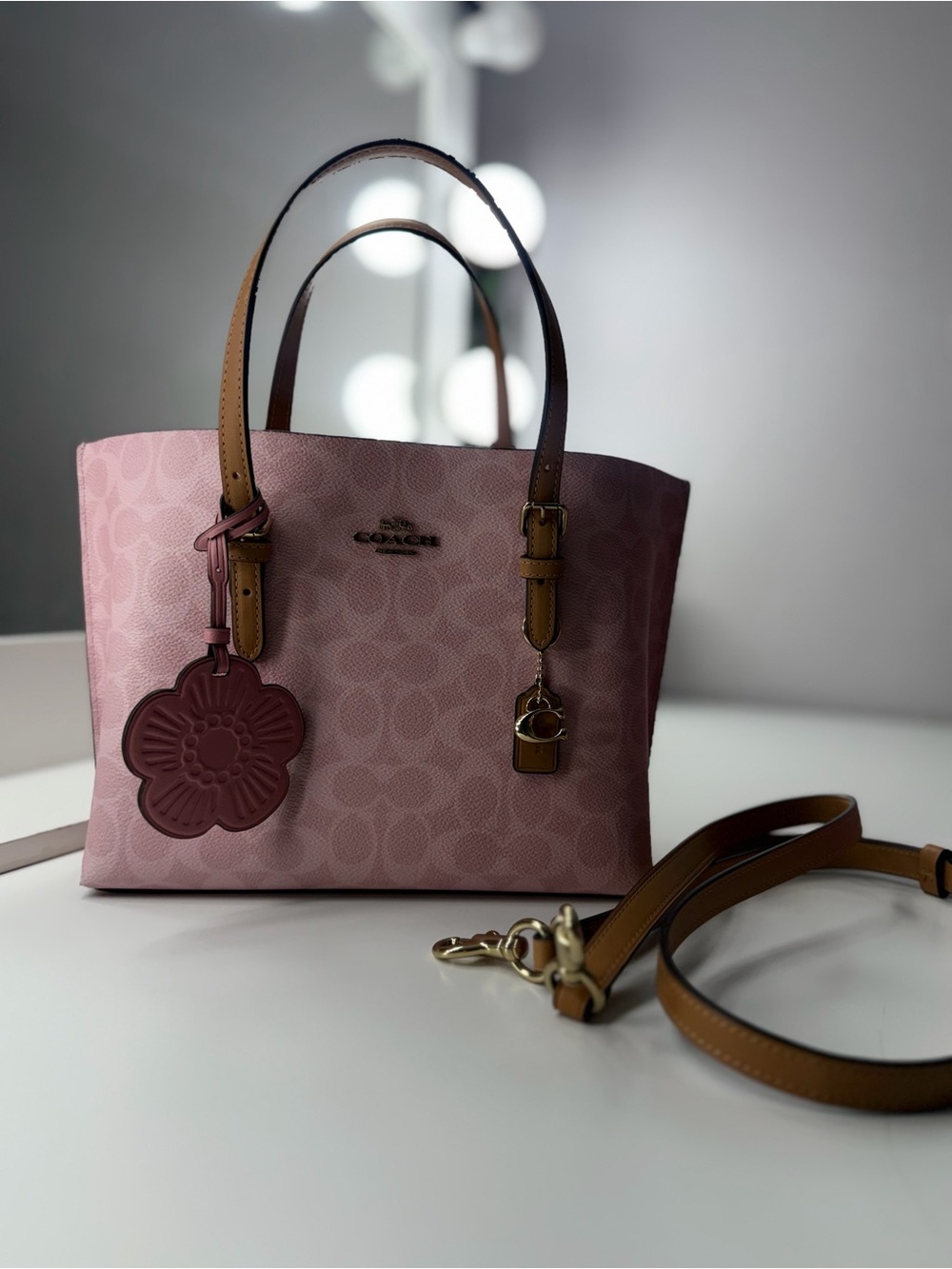 Coach Pink Signature Tote with Tan Leather Accents